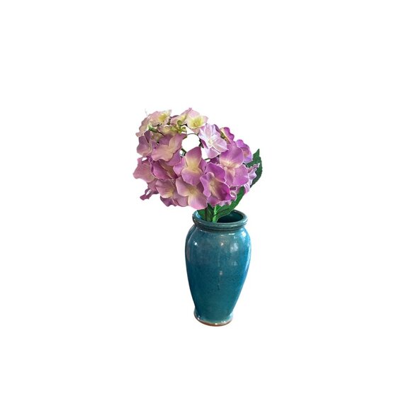 Handcrafted Turquoise Ceramic Vase Faux Pink Hydrangea Floral Arrangement - Picture 1 of 6